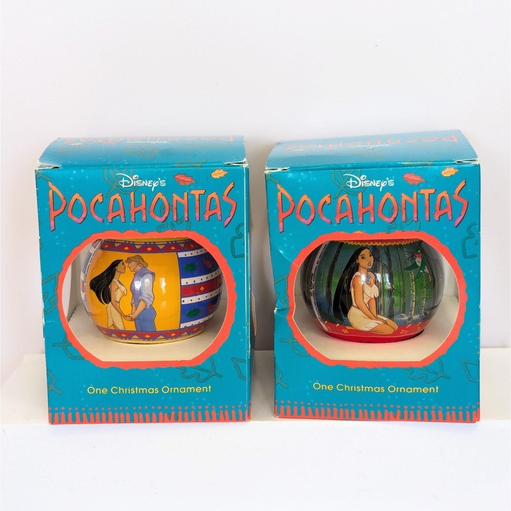 Vintage 90s Disney Pocahontas Christmas Satin Ball Ornament Set of 2 w/Boxes